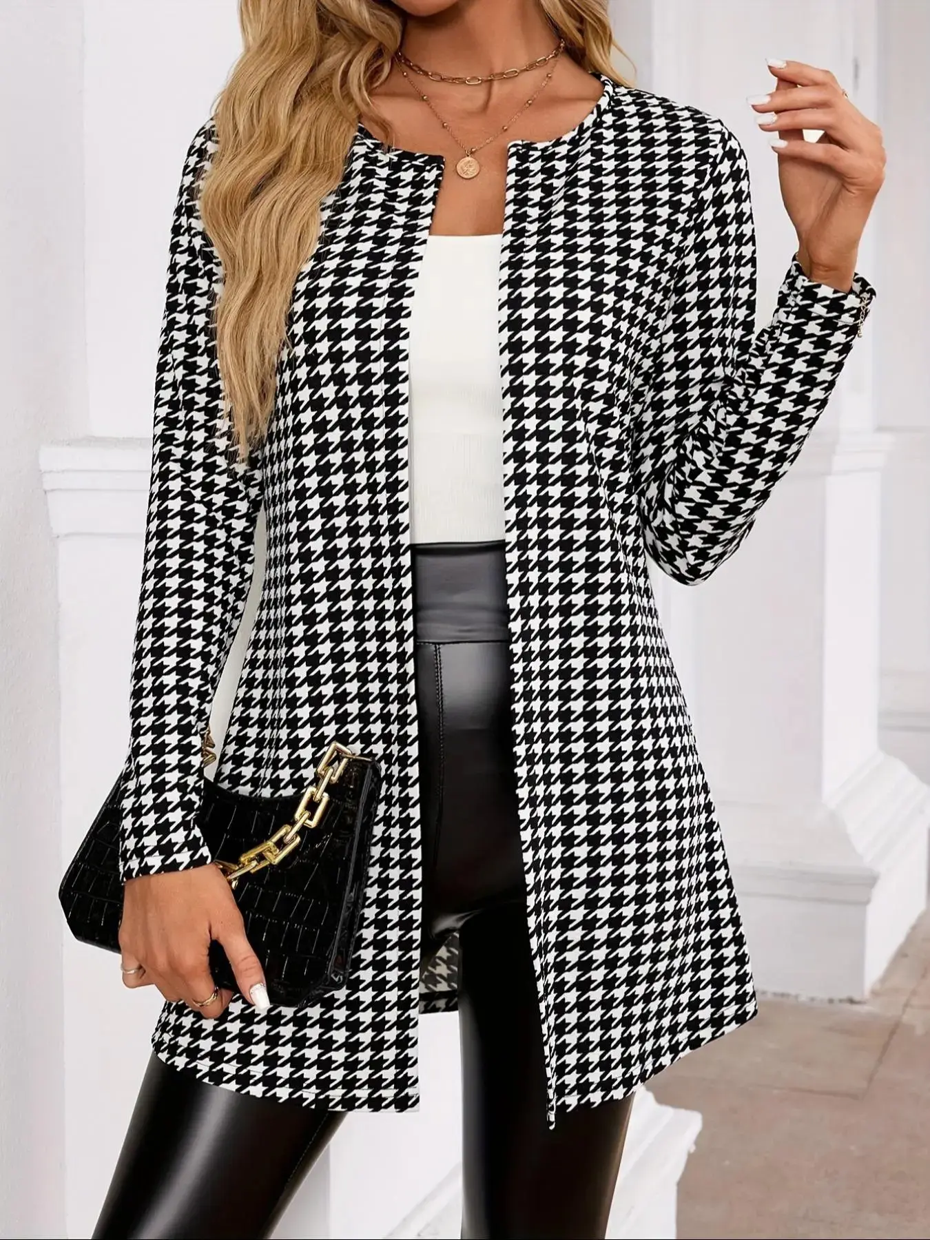 Women's Houndstooth Print Long Sleeve Open Front Jacket Fabric Fit, Casual Elegant Office Style Office Wear Outerwear for Spring & Fall, Ladies Clothes for Daily Wear, Womenswear Piece