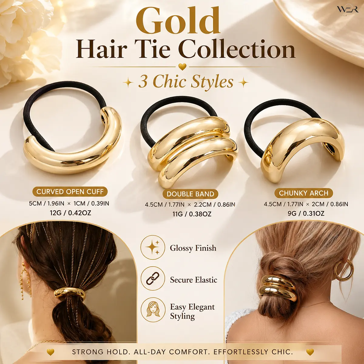 Chic Gold Tone Ponytail Holder with Statement Arch Cuff, Elegant Bridal Wedding Hair Tie for Women, Lightweight Bling Hair Fashion for Messy Buns & Daily Wear