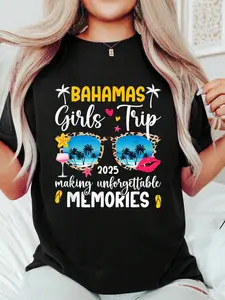 Bahamas Girls Trip 2025 Making Memories Bahamas Vacation T-S Print T-Shirt Casual Crew Neck Short Sleeve Comfort Tee Top For Spring & Summer Women's Clothing