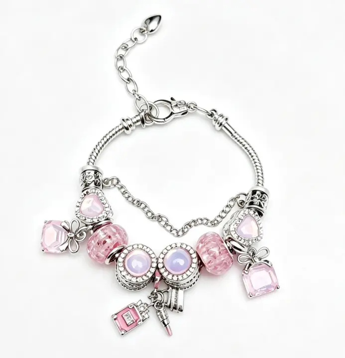 Cute Pink Crystal Beaded Charm Bracelet Women Sweet Heart Dangle Adjustable Snake Chain Jewelry Gift For Girls