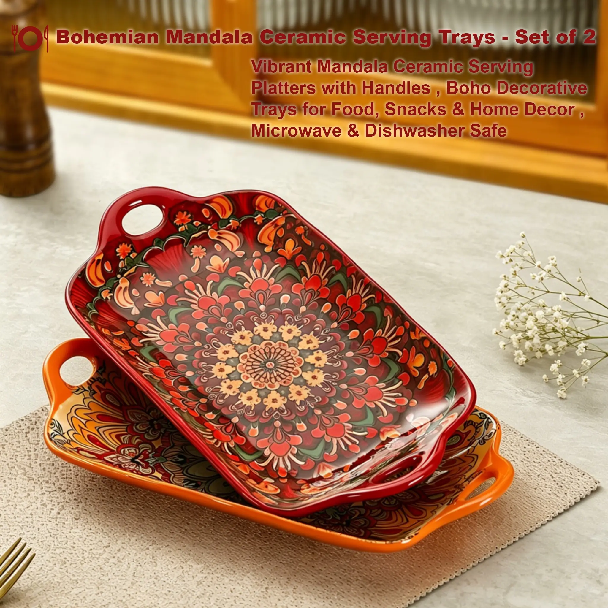 Boho Mandala Ceramic Serving Plate Set, 2-Piece with Handles, Microwave & Dishwasher Safe, Decorative Plates for Food, Snacks, Home Decor