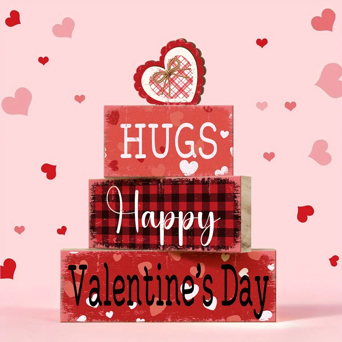 4 Pcs Valentine Decorative Sign & Plaque Happy Valentine Day Wooden Blocks with Hearts, Wooden Home Sign, Table Centerpiece, Tiered Tray Decor & Decorative Stacked Blocks for Coffee Table, Fireplace Mantel, Floating Shelf, Decoration