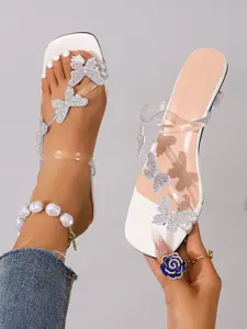 Sweet Style High Heel Sandals Transparent PVC Glitter Strappy Rhinestone Butterfly Pearl Decoration Plus Size Women's Casual Shoes