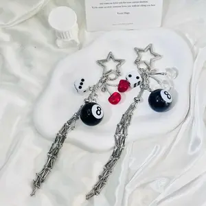 Fashion Classical Keyring Dice Pendant Black No. 8 Billiard Keychain Six Sided Ladies Bag Stainless Steel Lipstick Mesh Gift