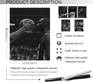 Set of 5 Kobe Bryant Lock In Motivational Poster - Inspirational Wall Art, Black & White Basketball Print, Sports Art Decor, Motivational , Unframed Posters