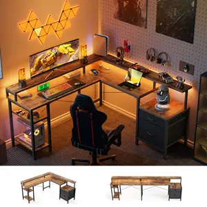 66.93" L Shaped Desk with Storage Drawers, Gaming Desk with Power Outlet & LED Light Strip,Computer Desk, Corner Desk with Shelves for Home Office Workstations