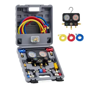Motor Tech AC Gauges, 3 Way Manifold Gauge Set for R1234yf R404a R134a Refrigerant, Automotive Gauge Set with Hoses Quick Couplers Self Sealing Can Taps for Car Freon Charging & Evacuation