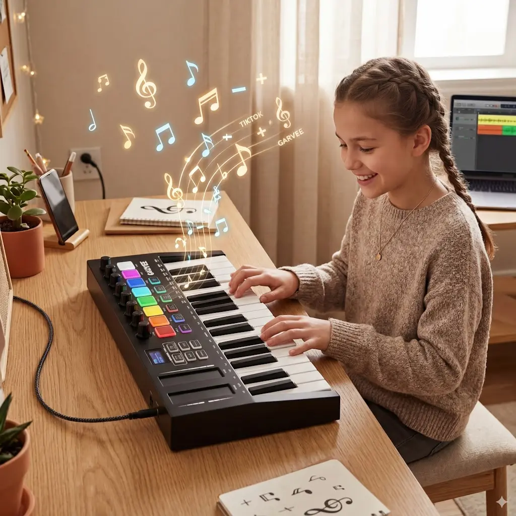 Garvee 25-Key MIDI Keyboard Controller - ABS Compact USB-Connected Keyboard with DAW Integration, 8 Drum Pads, 8 Knobs & OLED Display for Music Production, Compact 25-Key Design