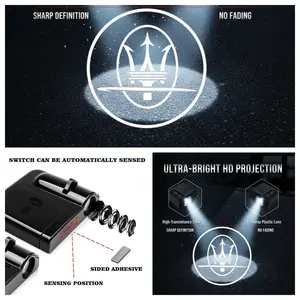 2 PCS Maserati Door Projector Lights, No-Drill Stick-on LED Logo Ghost Shadow Ambient Lights, Fit for Ghibli Quattroporte GranTurismo GranCabrio, Car Decoration Upgrade Accessories