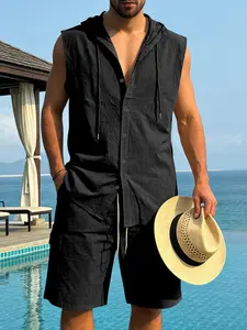 Men's Summer Linen Hooded Sleeveless Workwear Shorts Set, Loose Fit Breathable Casual, American Style Comfortable Clothing