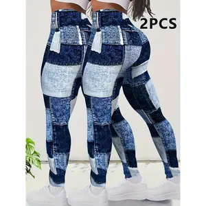 (Directional Development) 2024 Hot-Selling New Women's Plaid Patchwork Print Fashion Two-Piece Set Sports Fitness Daily Comfortable Hip-Lifting Waist-Tightening Breathable Yoga Pants