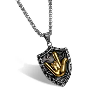 OIDEA Men's LOVE Hand Gesture Shield Stainless Steel Pendant Necklace, Hip Hop Gold Tone Charm, 22 Inch Chain, Bold Street Style Jewelry