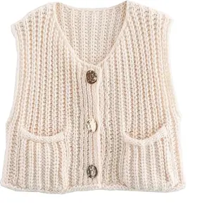 Womens Crochet Chunky Knit Top Sleeveless Button Down Crop Tops Trendy Cardigan Sweater Vest for Women with Pockets