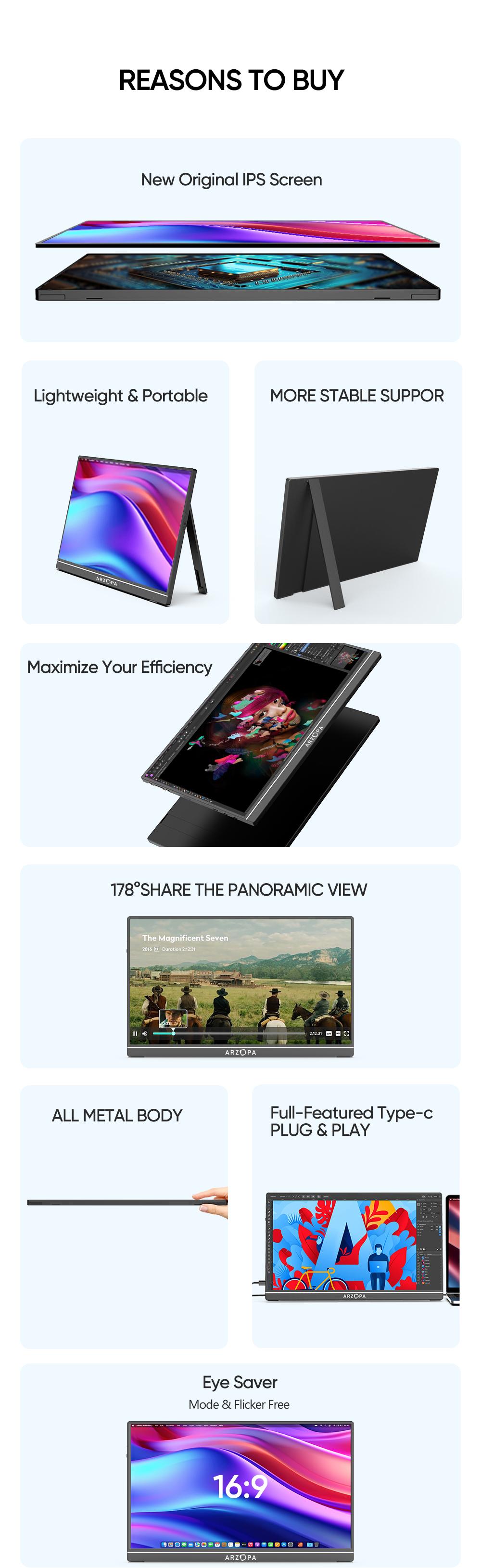 ARZOPA Portable Monitor FHD 1080P Ultra-Slim Portable Laptop Monitor IPS Display for PC MAC Phone Xbox, PS5 - USB C & HDMI Connectivity Remote Work