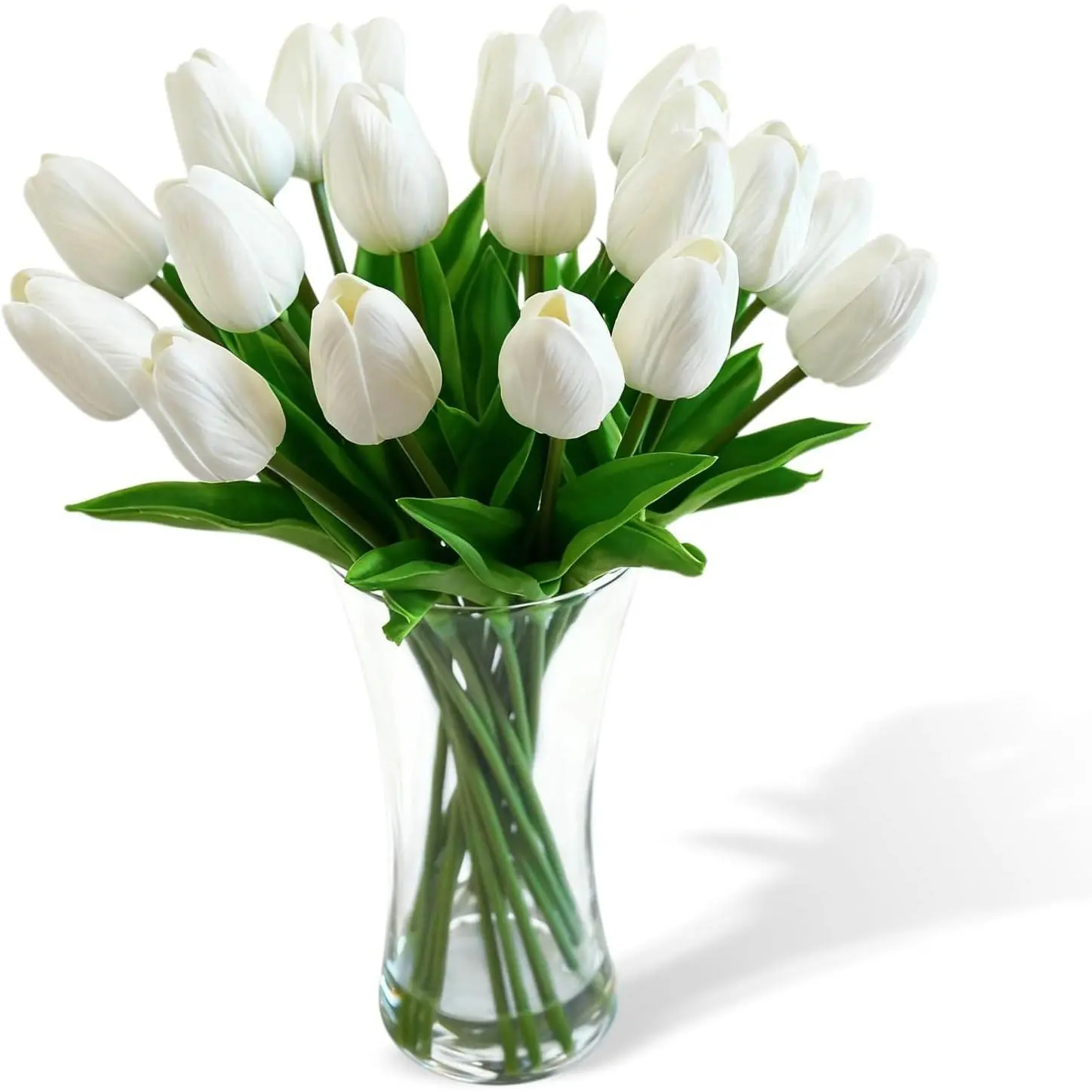 GARVEE 20-Piece Real Touch Artificial Tulips in Glass Vase with Faux Water - Lifelike Silk Flower Arrangement for Home, Office, Table Decor (White)