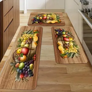 3pcs Non-Slip Flannel Kitchen Mat Set, Rustic Vintage Farmhouse Design with Stain Guard, Soft & Easy-Clean for Kitchen, Bath, Entryway