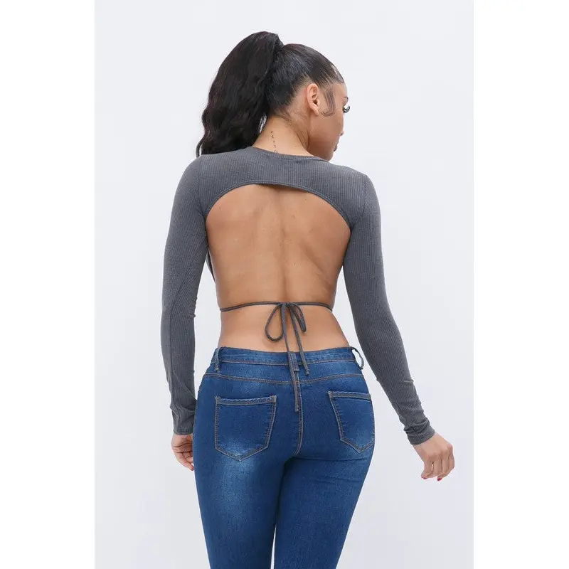 Vernisha Charcoal Open Back Long Sleeve Top