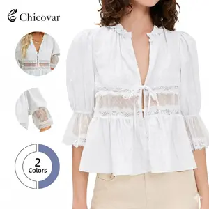 Chicovar Women's Lace Blouse - Tie Front, Puff Sleeve, Ruffle Hem, Babydoll Top,  Daily Wear, Casual Wear, Travel, Vacation