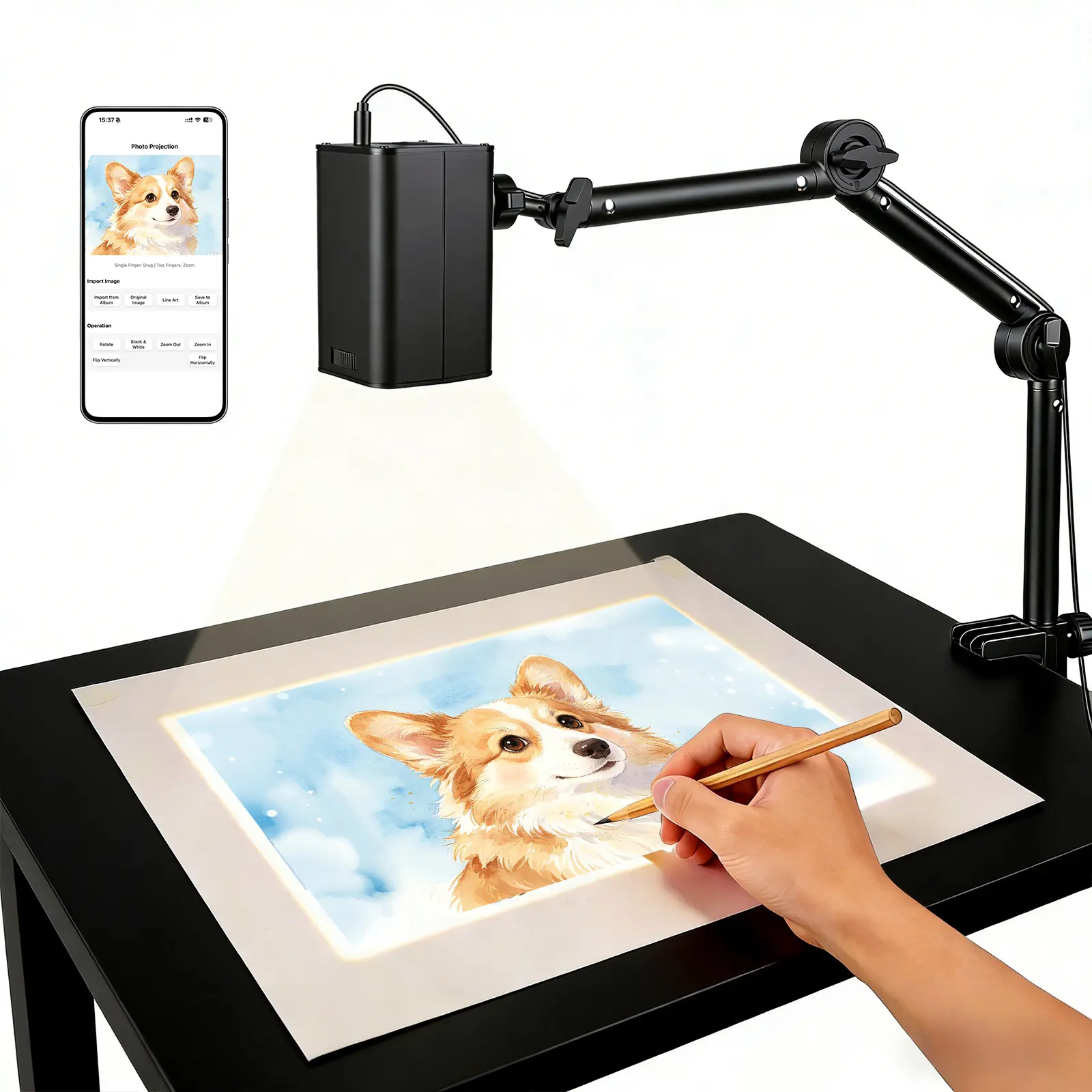 PRO Art Tracing Projector, 3-Segment Foldable Arm with Stable Clamp, 1280x720 HD Resolution, 5GHz Dual-Band WiFi, Beginner-Friendly for Sketching & Mural Painting, Compatible with iOS/Android/Tablet, Cool Christmas Gift