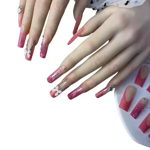 24 pcs Press on Nails - Long Square Glue on Nails with Hot Pink, Acrylic Bling Glitter Rhinestone Design