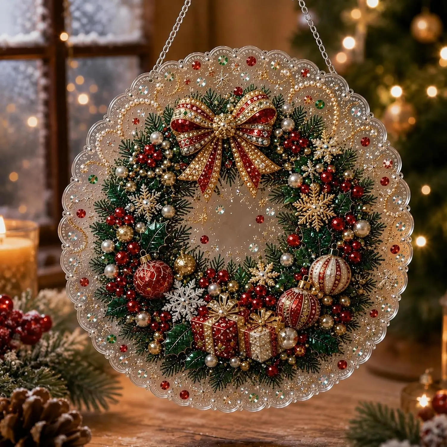 Christmas Pearl Diamond Painting Suncatcher DIY Craft Kit 8 Inch, Pre-Assembled Metal Hanging Chain, Lace Edge Acrylic Round Board, 3D Mixed Pearl Beads Craft Ornament, Christmas Window Wall Hanging Decor, Xmas Handmade Gift for Adults Teens