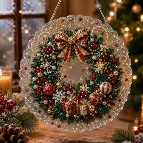 8-Inch Xmas Pearl Diamond Painting Suncatcher DIY Craft Kit - Home Decor Supplies, Pre-Assembled Metal Chain, Lace Edge Acrylic Round Board, 3D Effect Mixed Pearls, Light-Up Window Tree Decoration, Adult Gift