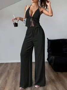 Women's Sexy V-Neck Tie Backless Camisole and Elastic-Waist Loose Casual Pants Set，Sexy Cute Elegant Romantic Summer Outfit For Women