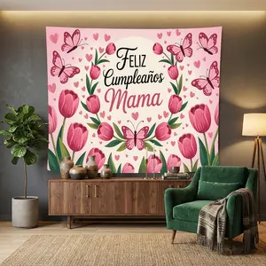 1pc Pink Tulip Butterfly Feliz Cumpleaños Mama Tapestry Bedroom Living Room Dorm Wall Decor Art Mural Polyester Fabric HD Print