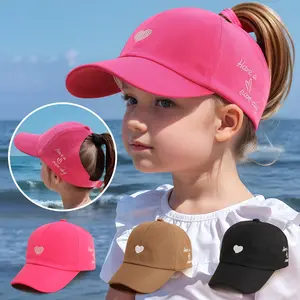 Kids' Adjustable Baseball Cap - 3-7 Years, Heart Embroidered, Ponytail Hole, Spring-Summer Style, Embroidered Snapback Cap, Suitable for Daily Outings, Beach Vacations, Baseball Cap Adjustable