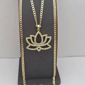 Lotus Flower fashion necklace gold-plated Cuban link style 24"inches clear stone's