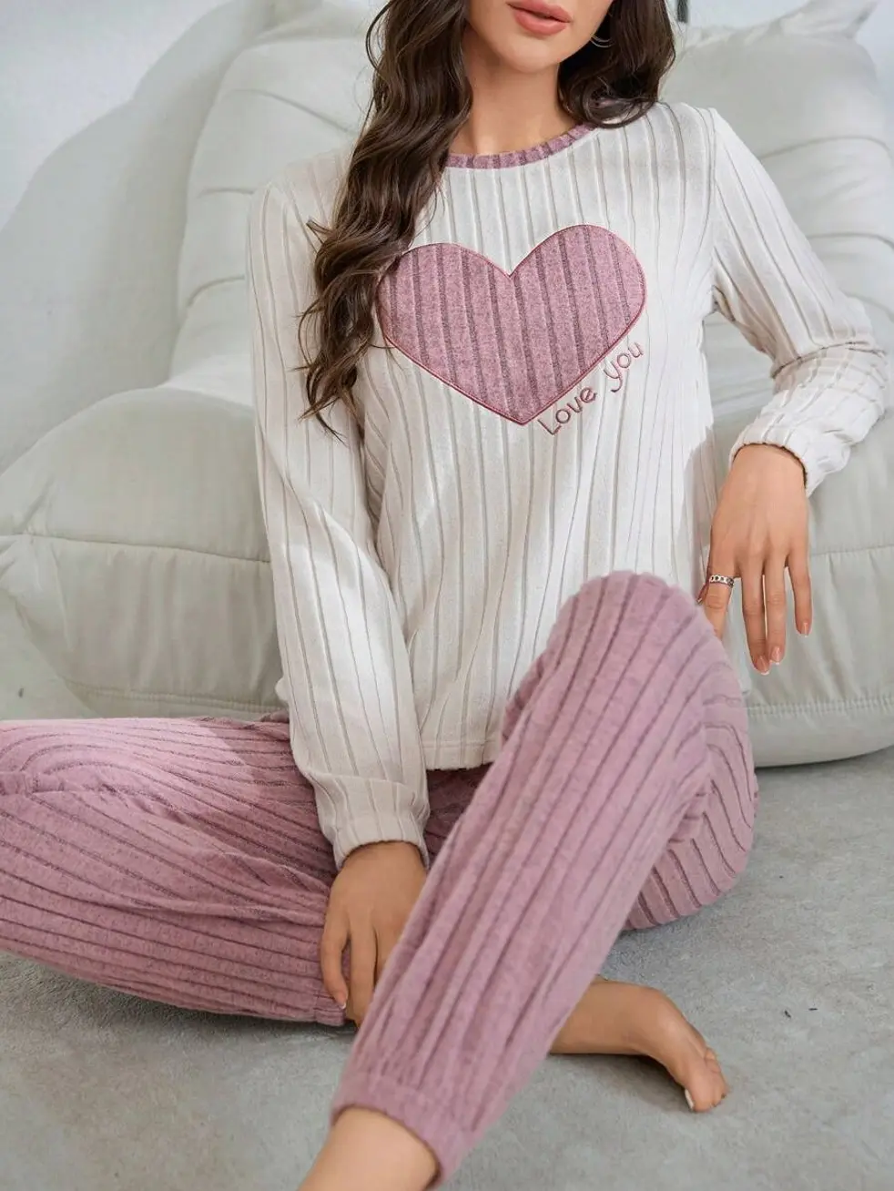 2-Piece Heart Embroidery Fleece Pajama Set Dusty Pink