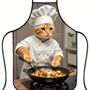 Men'S Polyester Apron | Cartoon Chef Cat Design | Adjustable Neck Strap | Non-Stretch Fabric | All-Season Kitchen Wear | Durable & Easy to Care | Ideal for Cooking Enthusiasts | Playful Kitchen Accessory | Sturdy Apron