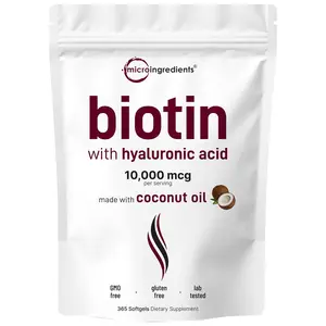 Micro Ingredients Biotin 10,000mcg w/Hyaluronic Acid 25mg | 365 Virgin Coconut Oil Softgels,  Supports Healthy Hair, Skin & Nails