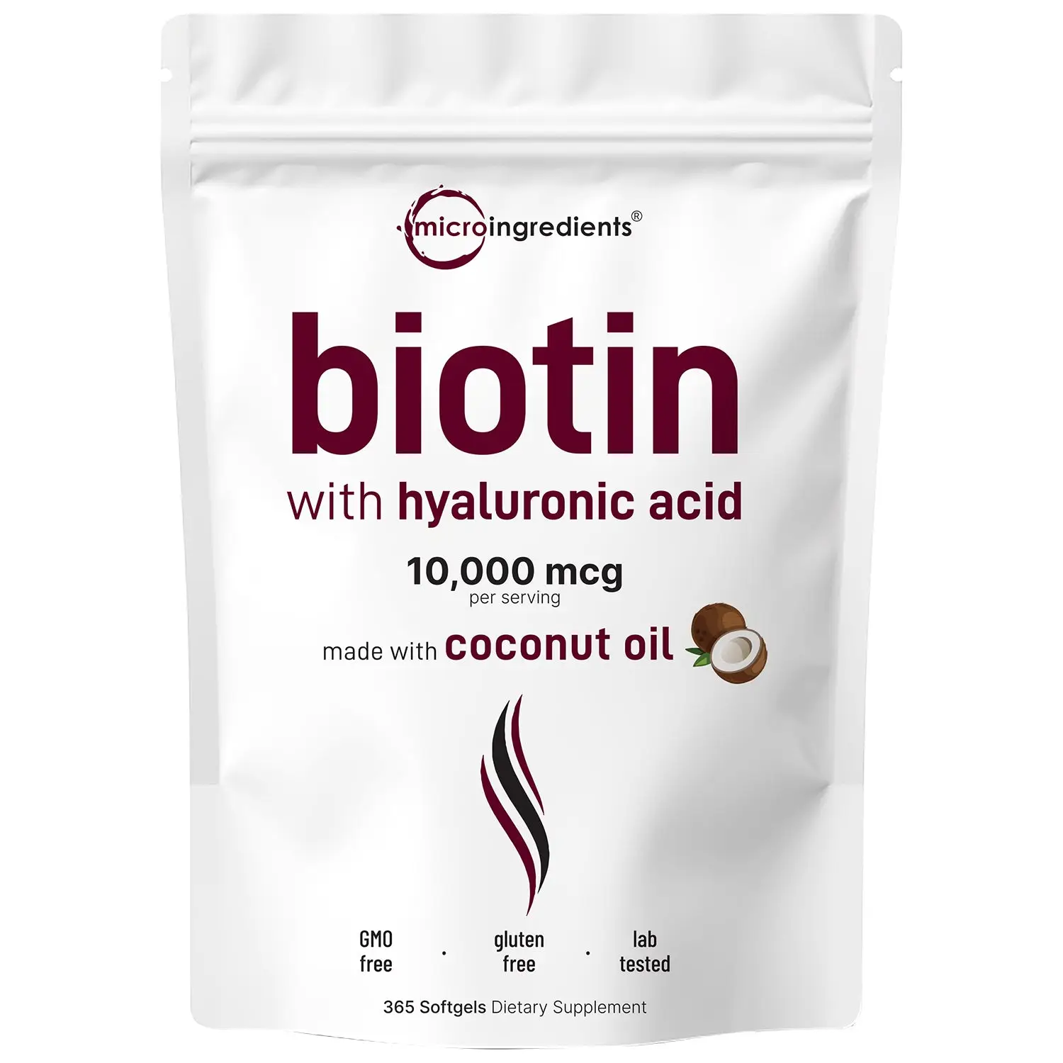 Micro Ingredients Biotin 10,000mcg w/Hyaluronic Acid 25mg | 365 Virgin Coconut Oil Softgels, Supports Healthy Hair, Skin & Nails