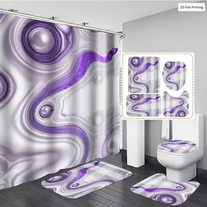 1/3/4PCS Abstract Artwork with Purple and White Curves and Circles Shower Curtain Set with Rugs, Non Slip Bath Mat, U-Shape Carpet, Toilet Lid Cover, Polyester Fabric Bathtub Curtain Accessories, 12 Hooks, Home