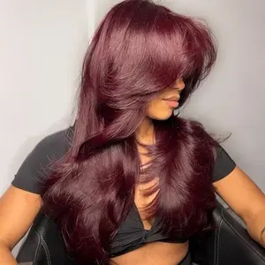 Jessie's Wig [Ethel] Burgundy Color Wavy Layered  13x5 Pre Cut Lace Wig With Curtain Bangs Glueless Wig Human Hair