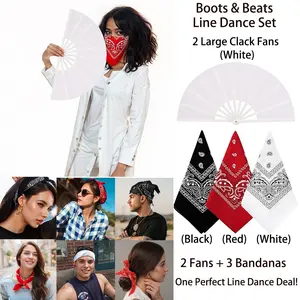 2PCS Clacking Kung Fu Fans + 3 Paisley Bandanas Set – Loud Snap Fans with Strong Airflow for Line Dance, Rave & Party Performance