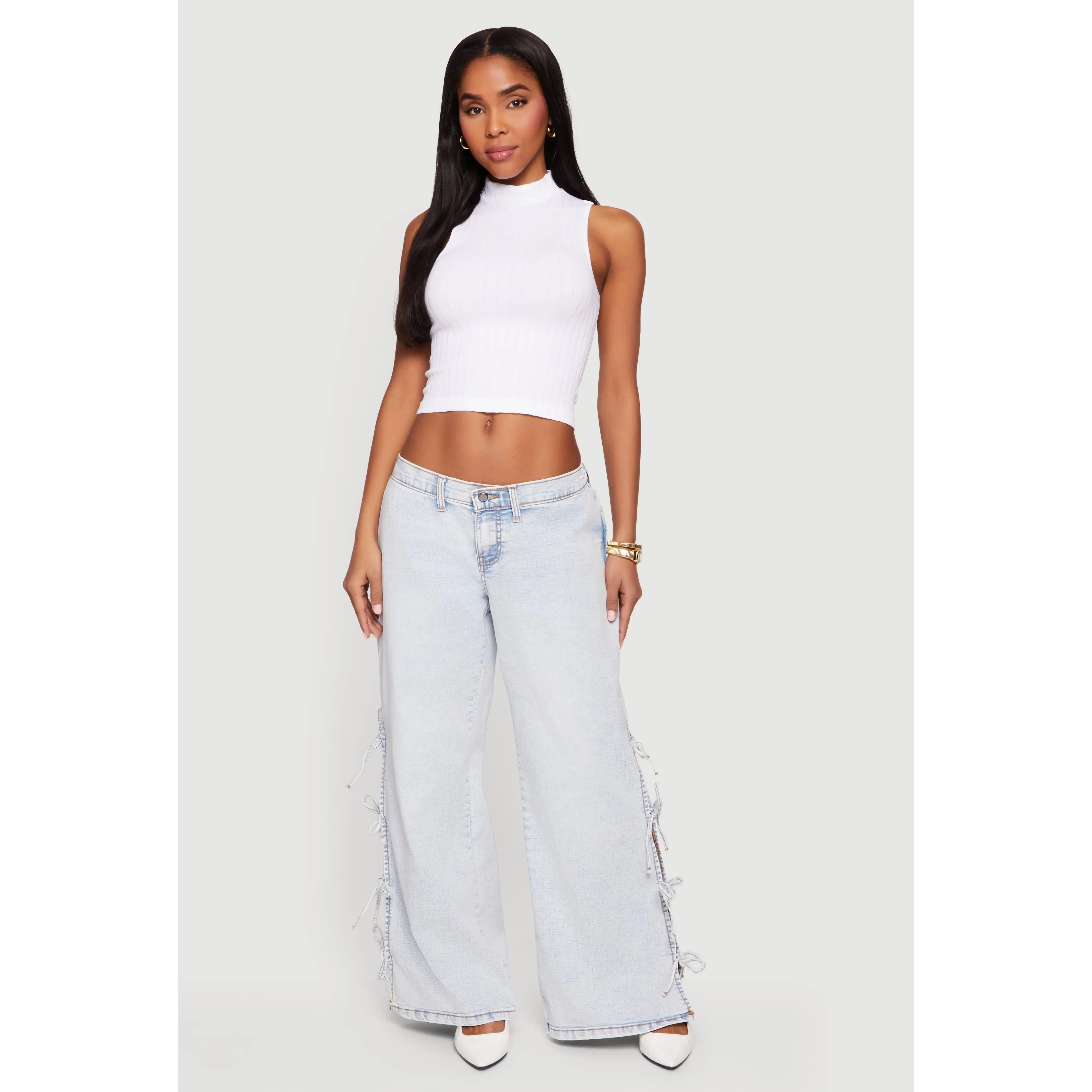 Open Side Tie Wide Leg Jeans