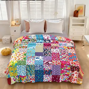 Colorful Patchwork Bohemian Flannel Blanket with Floral Dot and Stripe Prints Soft and Skin-Friendly Suitable for Office Camping and All Seasons, Couch or Bed Cover