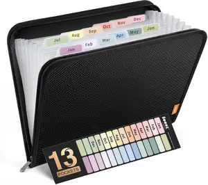Sooez 13 Pocket Accordion File Organizer with Safe Zipper, Expanding File Folder Organizer, Reinforced Plastic Accordion Folder, A4 Letter Size, Portable Folders for Documents, Black