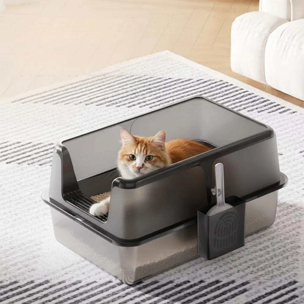 GARVEE Stainless Steel Cat Litter Box with Lid and Scoop 60x40x31.5CM, Easy to Clean Cat Litter Trays, High Sided, Non-Stick, Leak-Proof Metal Cat Litter Box for Cats,Black