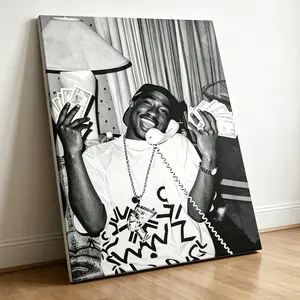 Vintage Tupac Shakur Black & White Canvas Wall Art, 90s Hip Hop Legend Poster, Rap Icon Money & Phone Pose Print, Bedroom & Dorm Decor, Old School Rap Fan Gift