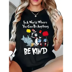 Women's Inspirational "Be Kind" T-Shirt: Soft crew neck with whimsical Dr. Seuss design, casual short sleeve top for spring, summer, and fall, perfect gift for any occasion, motivational tee for everyday wear.