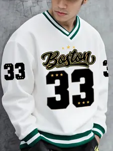 New Men's Fashion V-Neck Sweatshirt, Boston 33 Graphic Print, Spring & Fall Casual Long Sleeve, Loose Fit Sports Wear