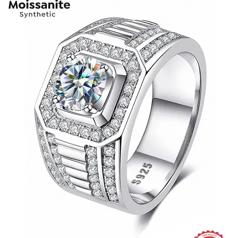 1 Carat Synthetic Moissanite Men's Engagement Ring, Artificial Gemstone Ring, Elegant Wedding Band, Perfect Gift for Groom, High-End Jewelry Accessory