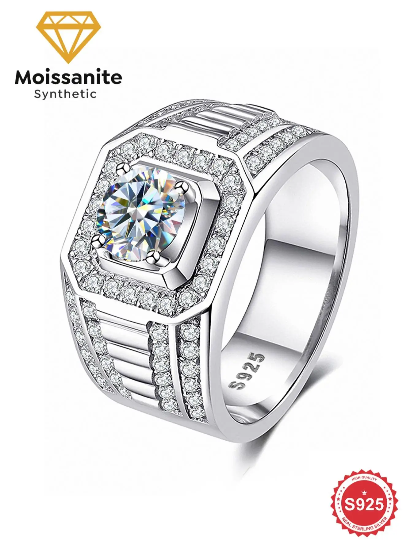 925 Sterling Silver Men's Elegant Synthetic Moissanite Ring, Exquisite Trendy Engagement Ring, Fashionable Jewelry Accessories for Men As Wedding Gift