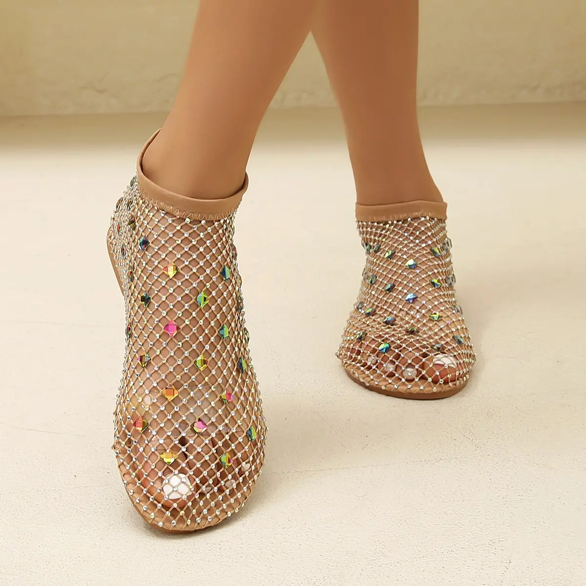 2025 plus Size New Popular Flat Color Rhinestone Fishnet Stockings Flat Sandals European and American Hot Slip-on