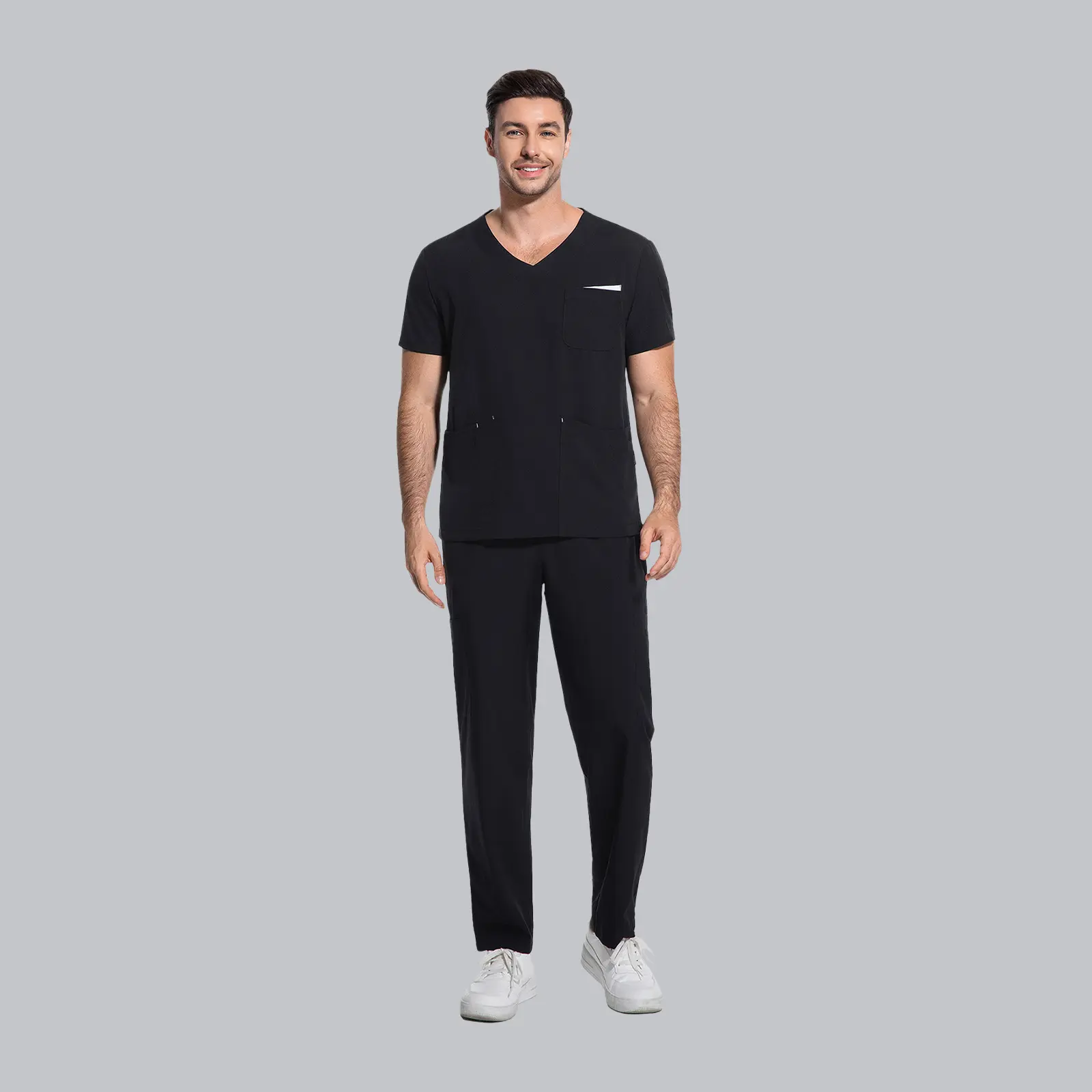 Cimmuovere Men's V-Neck Short-Sleeve Scrubs Set - 100% Polyester, Loose Fit, Drawstring, Pockets, Ideal for Healthcare & Construction, Black Scrubs