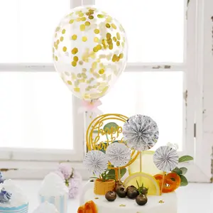 6 Pcs Happy Birthday Cake Topper Silver/Gold with 4 Mini Paper Fans & Confetti Balloon - Festive Cake Decor