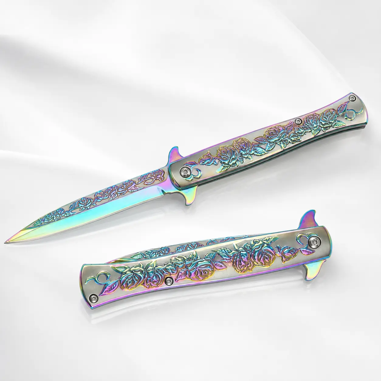 Romantic Iridescent Rainbow Titanium Rose Engraved Folding Pocket Knife Full Metal Floral Carved Blade Portable EDC Utility Knife Creative Collectible Gift For Birthday Valentine Anniversary Men Women Collectors
